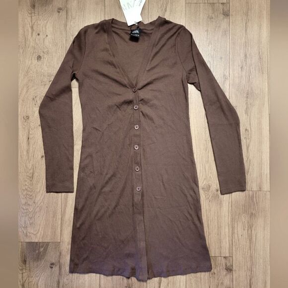 Zara Ribbed Lomg Sleeve Button Form Fitted Midi Dress Brown Size L - Picture 1 of 5